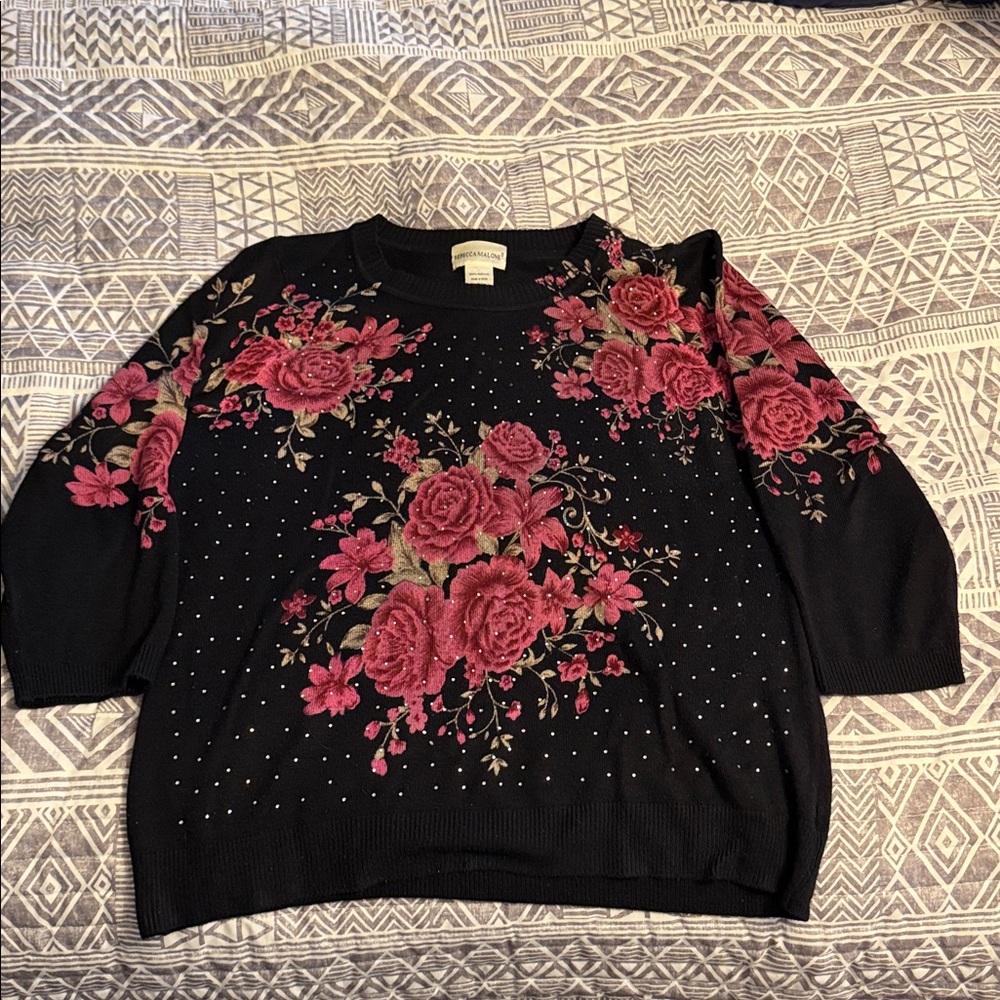 Rebecca Malone Black Sweater with Pink Floral Design
